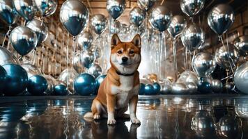 A Shiba Inu sitting among silver and blue balloons in a festive setting. photo