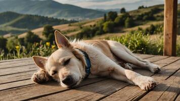 A relaxed dog sleeping on a wooden deck with a scenic view of hills and greenery. photo