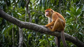 A proboscis monkey perched on a tree branch amidst lush green foliage. photo