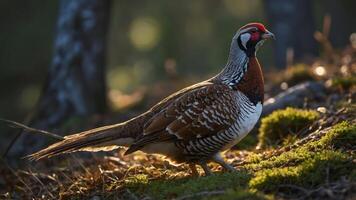 A colorful pheasant stands on moss in a sunlit forest setting. photo