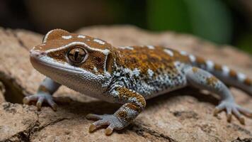 A close-up of a colorful gecko resting on a rock. photo