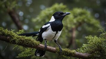 A black and white bird perched on a mossy branch in a natural setting. photo