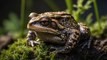 A close-up of a textured frog resting on moss in a natural setting. photo