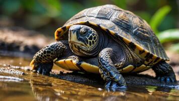 A close-up of a turtle by the water, showcasing its intricate shell patterns. photo