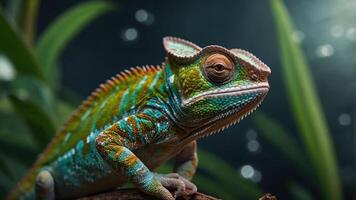 A vibrant chameleon perched on a branch, showcasing its colorful scales in a natural setting. photo