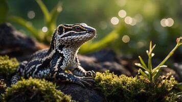 A close-up of a lizard resting on moss, surrounded by natural greenery and soft light. photo