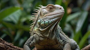A close-up of a lizard on a branch, surrounded by lush greenery. photo