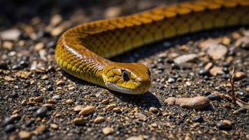 A close-up of a yellow snake on a gravel surface, showcasing its scales and features. photo