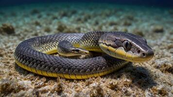 A close-up of a snake coiled on the ocean floor, showcasing its unique features. photo