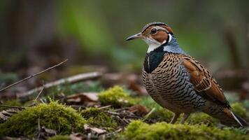 A close-up of a colorful bird standing on mossy ground in a forest setting. photo