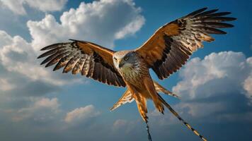 A majestic hawk soaring through a blue sky with clouds. photo