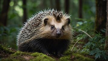 A hedgehog resting on the forest floor, surrounded by greenery and moss. photo