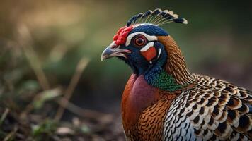 A close-up portrait of a colorful pheasant showcasing its vibrant plumage and features. photo