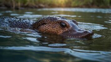 A close-up of a swimming platypus in calm water, showcasing its unique features. photo
