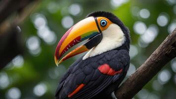 A vibrant toucan perched on a branch amidst lush greenery. photo
