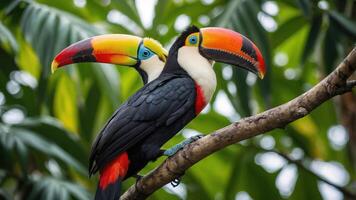 Two colorful toucans perched on a branch amidst lush green foliage. photo