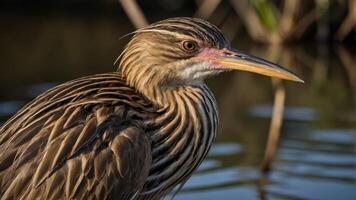 A close-up of a bird with distinctive stripes and a sharp beak near water. photo