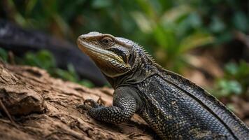A close-up of a lizard on a textured surface amidst greenery. photo