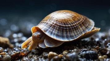 A close-up of a shellfish resting on a sandy surface, showcasing its intricate shell patterns. photo