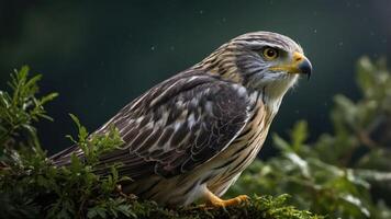 A close-up of a hawk perched on mossy foliage, set against a blurred, moody background. photo