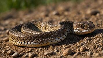 A close-up of a coiled snake resting on the ground. photo