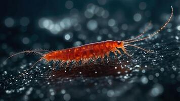 A close-up view of a vibrant orange amphipod on a textured surface. photo