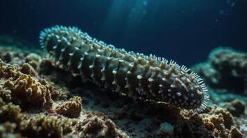A sea cucumber resting on the ocean floor amidst coral. photo