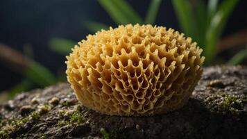 A close-up of a textured, yellow sponge-like object resting on a natural surface. photo