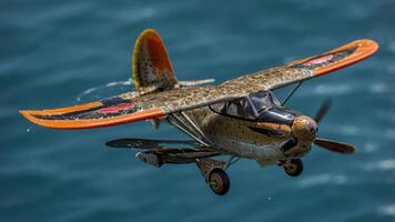 A detailed model airplane flying over water, showcasing its intricate design and colors. photo