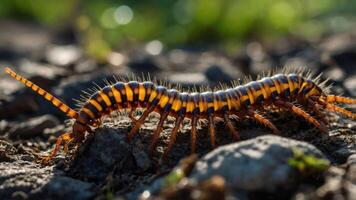 A close-up of a vibrant centipede on a rocky surface, showcasing its distinct coloration and texture. photo