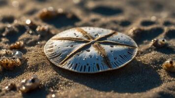 A sand dollar resting on the beach, showcasing its intricate patterns and textures. photo