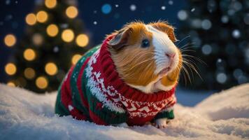 A festive guinea pig in a colorful sweater sits in the snow with holiday lights in the background. photo