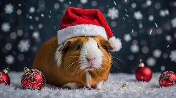 A festive guinea pig wearing a Santa hat surrounded by Christmas ornaments and snowflakes. photo