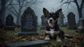 A dog rests in a foggy cemetery, adding a haunting yet serene atmosphere to the scene. photo
