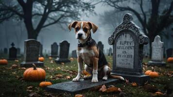 A beagle sits on a gravestone surrounded by pumpkins in a foggy graveyard. photo