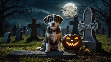 A playful dog sits by a carved pumpkin in a spooky graveyard under a full moon. photo