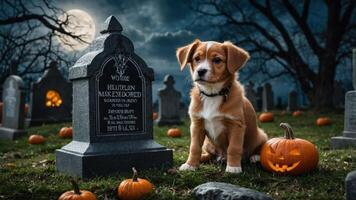 A playful puppy sits beside a gravestone in a spooky Halloween setting with pumpkins. photo