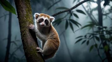 A cute slow loris clings to a tree in a misty forest, showcasing its unique features. photo