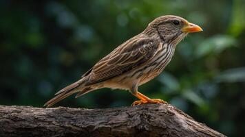 A bird perched on a branch, showcasing its detailed plumage and vibrant beak. photo