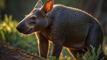 A close-up of an aardvark in a natural setting, illuminated by soft sunlight. photo