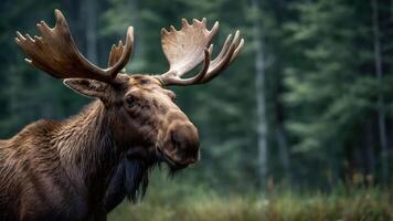 A close-up of a moose in a natural setting, showcasing its antlers and fur. photo