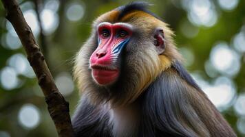 A close-up of a colorful mandrill monkey perched on a branch in a natural setting. photo