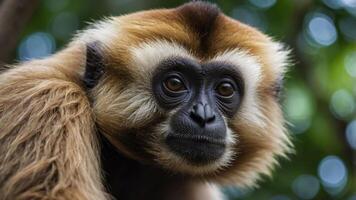 Close-up of a gibbon showcasing its expressive face and fur in a natural setting. photo