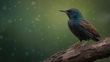 A colorful bird perched on a branch with a blurred green background. photo