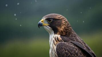 A close-up of a majestic hawk with striking features against a blurred green background. photo