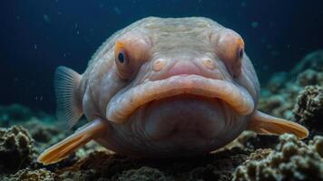 A close-up of a unique fish with a distinct face, showcasing underwater life. photo