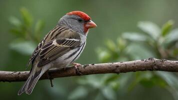A colorful bird perched on a branch amidst blurred greenery. photo