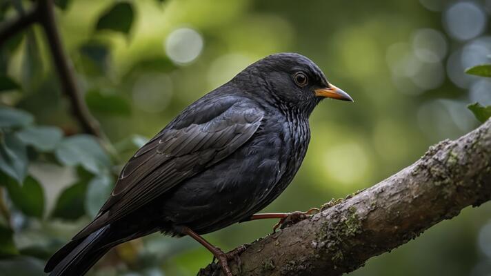 A close-up of a dark bird perched on a branch in a natural setting.