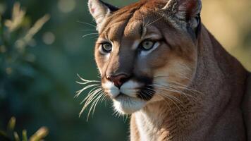 Close-up of a puma displaying its striking features in a natural setting. photo