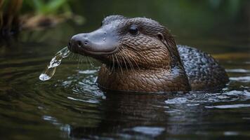 A close-up of a water-dwelling mammal with a playful expression, surrounded by nature. photo
